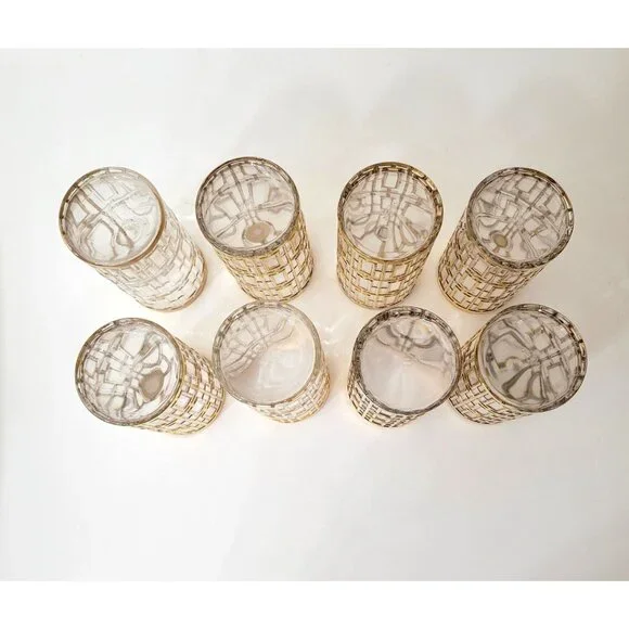 Imperial Glass Shoji Gold Trellis Drinking Glasses Set of Five Plus 3 Extras MCM - Picture 9 of 9